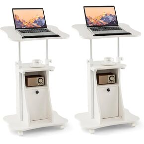 Tangkula Mobile Laptop Podium, Height Adjustable Sit to Stand Desk with Tilting Desktop & Storage Cabinet, Ergonomic Rolling Lectern Cart Laptop Desk, Office Podium Stand on Wheels