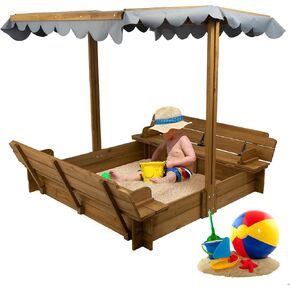 Wooden Sandbox with Lid, Kids Sandbox with Canopy Outdoor, Sandboxes with Covers Foldable Bench Seats for Backyard, UV-Resistant & Adjustable Height Roof, Gift for Ages 2-8 (47x47in)