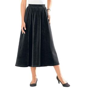 Black Flared Midi Velvet Skirt with Elastic Waist – Elegant & Comfortable