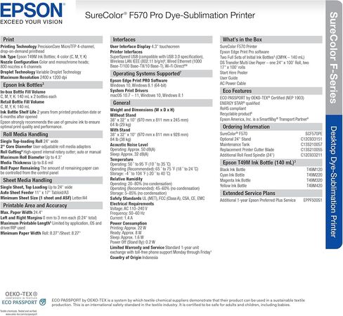 تتضمن Epson Surecolor F570 Pro 24 "طابعة تسامي سطح المكتب ، مجموعتين كاملتين للحبر ، دليل المستخدم ، ورقة التسامي ، وتثبيت SCF570PE المجاني (الطابعة والأصحاب) in Kuwait