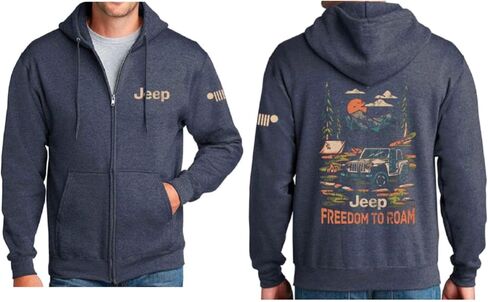 Jeep Freedom To Roam Full-Zip Hoodie Hooded Midweight Sweatshirt - Heather Navy Blue in Saudi Arabia