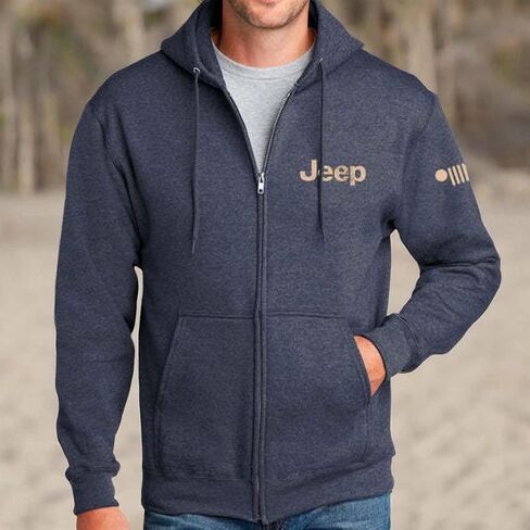 Jeep Freedom To Roam Full-Zip Hoodie Hooded Midweight Sweatshirt - Heather Navy Blue in Saudi Arabia