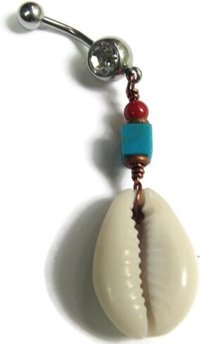 Cowrie Shell Belly Ring with Turquoise and Red Beads, 14GA 7/16 inch Stainless Steel Bar, 1 3/4 inch Length in Saudi Arabia