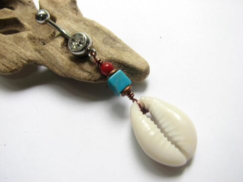 Cowrie Shell Belly Ring with Turquoise and Red Beads, 14GA 7/16 inch Stainless Steel Bar, 1 3/4 inch Length in Saudi Arabia