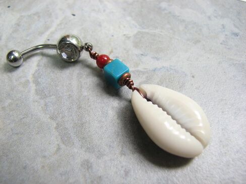 Cowrie Shell Belly Ring with Turquoise and Red Beads, 14GA 7/16 inch Stainless Steel Bar, 1 3/4 inch Length in Saudi Arabia