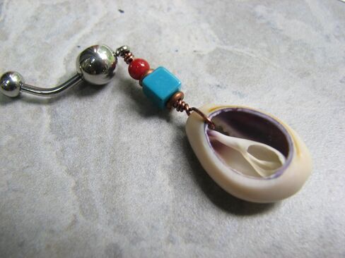 Cowrie Shell Belly Ring with Turquoise and Red Beads, 14GA 7/16 inch Stainless Steel Bar, 1 3/4 inch Length in Saudi Arabia