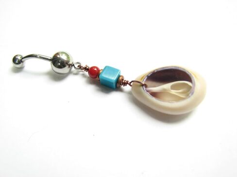 Cowrie Shell Belly Ring with Turquoise and Red Beads, 14GA 7/16 inch Stainless Steel Bar, 1 3/4 inch Length in Saudi Arabia