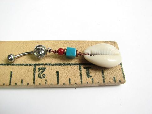 Cowrie Shell Belly Ring with Turquoise and Red Beads, 14GA 7/16 inch Stainless Steel Bar, 1 3/4 inch Length in Saudi Arabia