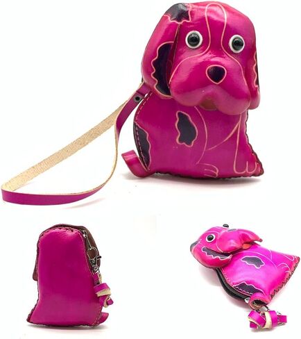 Handmade Genuine Leather 3D Animal Dog Coin Purse with Removable wrist strap (Pink) in Kuwait