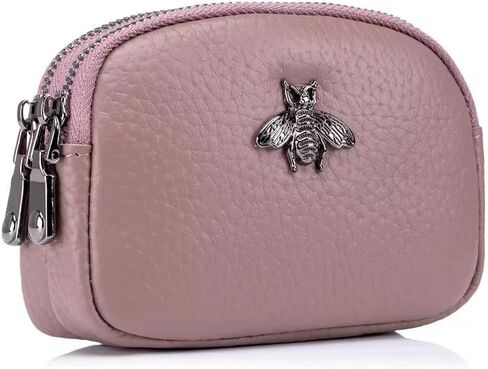 Genuine Leather Coin Purse - Double Zipper Bee Change Pouch Wallet Card Holder Coin Bag (Purple) in Kuwait