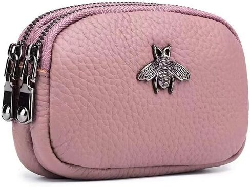 Genuine Leather Coin Purse - Double Zipper Bee Change Pouch Wallet Card Holder Coin Bag (Purple) in Kuwait