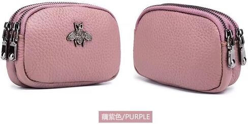 Genuine Leather Coin Purse - Double Zipper Bee Change Pouch Wallet Card Holder Coin Bag (Purple) in Kuwait