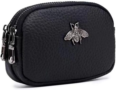 Genuine Leather Coin Purse - Double Zipper Bee Change Pouch Wallet Card Holder Coin Bag (Purple) in Kuwait