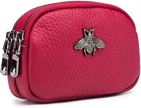 Genuine Leather Coin Purse - Double Zipper Bee Change Pouch Wallet Card Holder Coin Bag (Purple) in Kuwait