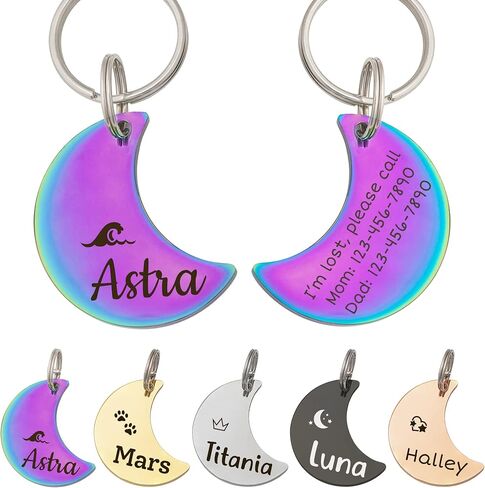 Anavia Half Moon & Star Shape Pet ID Tags, Personalized Icon Design Dog Name Tag Cat Tag, Glossy Stainless Steel Gold Plated Black Rainbow Dog Collar Tag (Medium, Moon Shape, Rainbow) in Saudi Arabia