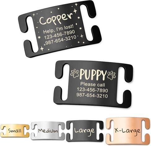 Anavia Slide On Silent Pet ID Tags, Fun Wild Flower Frame Design Personalized Engraved Plated Stainless Steel Cat Dog Name Tags, Glossy Customized Chew-Proof Quiet Dog Collar Tags (X-Large, Black) in Kuwait