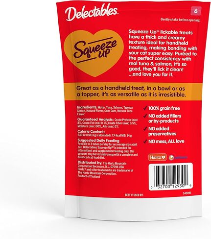 Hartz Delectables Squeeze Up Interactive Lickable Wet Cat Treats for Adult & Senior Cats, Tuna & Salmon, 4 Count(Pack of 8) in Kuwait