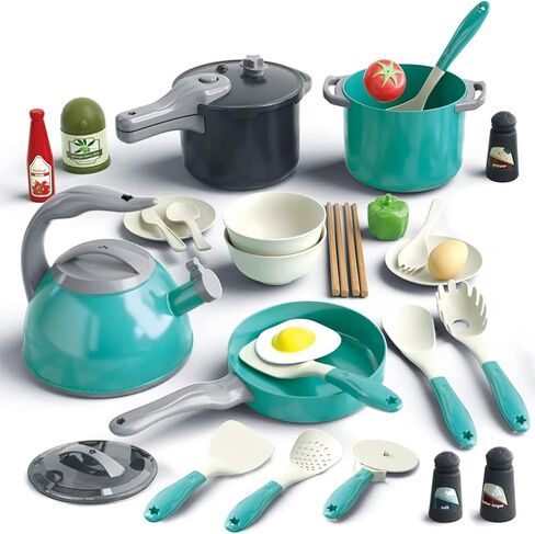 Bruvoalon 32Pcs Kids Play Kitchen Toys Set, Toddlers Pretend Cooking Playset Acccessories with Pots Pans, Utensils Cookware, Foods, Canned Veges, Learning Gift for Kids Girls Boys (Green) in Saudi Arabia