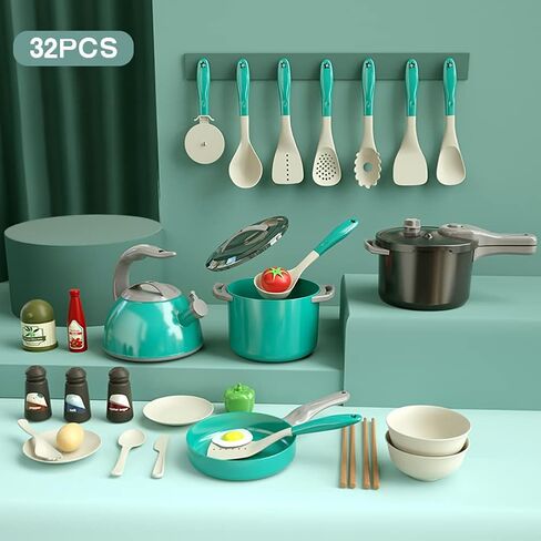 Bruvoalon 32Pcs Kids Play Kitchen Toys Set, Toddlers Pretend Cooking Playset Acccessories with Pots Pans, Utensils Cookware, Foods, Canned Veges, Learning Gift for Kids Girls Boys (Green) in Saudi Arabia