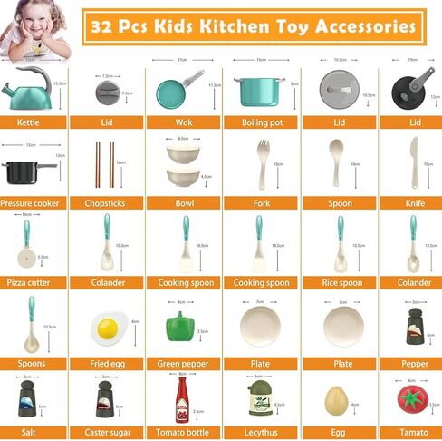 Bruvoalon 32Pcs Kids Play Kitchen Toys Set, Toddlers Pretend Cooking Playset Acccessories with Pots Pans, Utensils Cookware, Foods, Canned Veges, Learning Gift for Kids Girls Boys (Green) in Saudi Arabia