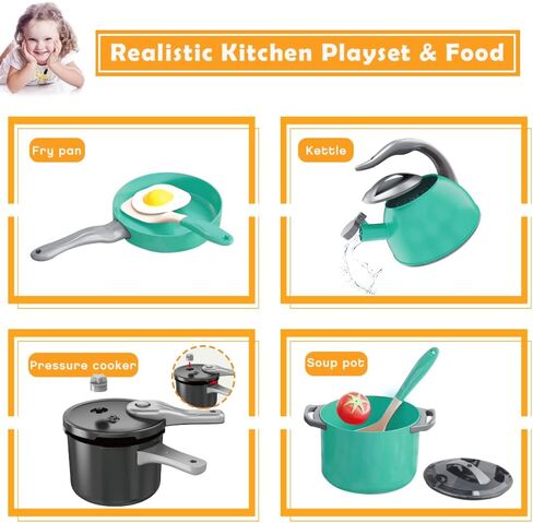 Bruvoalon 32Pcs Kids Play Kitchen Toys Set, Toddlers Pretend Cooking Playset Acccessories with Pots Pans, Utensils Cookware, Foods, Canned Veges, Learning Gift for Kids Girls Boys (Green) in Saudi Arabia