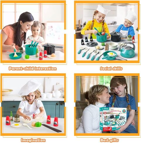 Bruvoalon 32Pcs Kids Play Kitchen Toys Set, Toddlers Pretend Cooking Playset Acccessories with Pots Pans, Utensils Cookware, Foods, Canned Veges, Learning Gift for Kids Girls Boys (Green) in Saudi Arabia