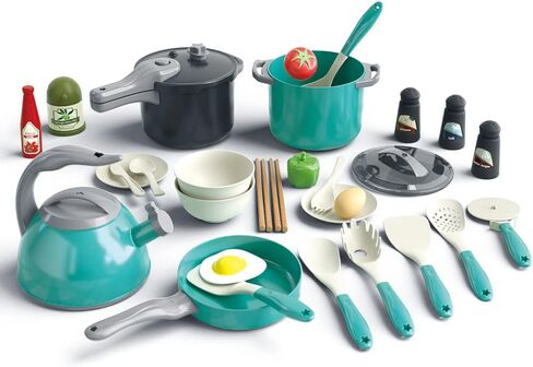 Bruvoalon 32Pcs Kids Play Kitchen Toys Set, Toddlers Pretend Cooking Playset Acccessories with Pots Pans, Utensils Cookware, Foods, Canned Veges, Learning Gift for Kids Girls Boys (Green) in Saudi Arabia