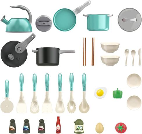 Bruvoalon 32Pcs Kids Play Kitchen Toys Set, Toddlers Pretend Cooking Playset Acccessories with Pots Pans, Utensils Cookware, Foods, Canned Veges, Learning Gift for Kids Girls Boys (Green) in Saudi Arabia