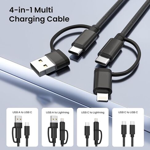 كابل Basesailor 4 في 1 USB C إلى USB C بطول 10 أقدام، 60 وات سلك شاحن متعدد الشحن مع محول USB-A/IOS/النوع C لهاتف iPhone 16 15 14 13 Plus Max، Car Play، Apple iWatch 9 8، MacBook Pro، آي باد إير، S24 S23 22 in Saudi Arabia