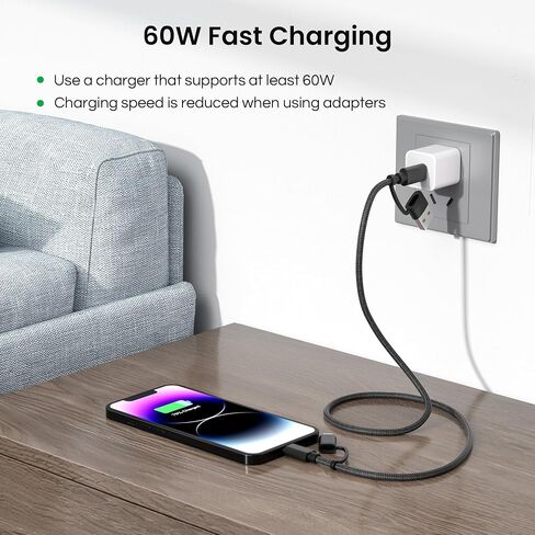 كابل Basesailor 4 في 1 USB C إلى USB C بطول 10 أقدام، 60 وات سلك شاحن متعدد الشحن مع محول USB-A/IOS/النوع C لهاتف iPhone 16 15 14 13 Plus Max، Car Play، Apple iWatch 9 8، MacBook Pro، آي باد إير، S24 S23 22 in Saudi Arabia