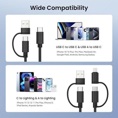كابل Basesailor 4 في 1 USB C إلى USB C بطول 10 أقدام، 60 وات سلك شاحن متعدد الشحن مع محول USB-A/IOS/النوع C لهاتف iPhone 16 15 14 13 Plus Max، Car Play، Apple iWatch 9 8، MacBook Pro، آي باد إير، S24 S23 22 in Saudi Arabia