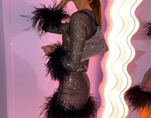 Furinfashion My-06 Sexy Women's Women's Fishnet Shirt و Suit To Top Build للنساء مع النعام الحقيقي Freather Rhinestone انظر من خلال (3XL ، أبيض) in Kuwait