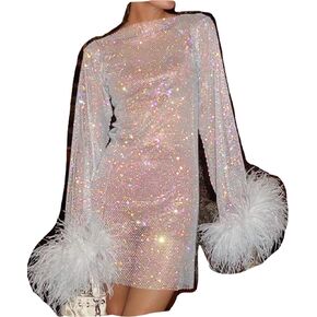 FORINFASHION MY-03 Sexy Shiny Fishnet Dress For Women With Long Sleeves And Real Ostrich Fur Feather Hair Shining Rhinestone See Through Dresses (M, Black)
