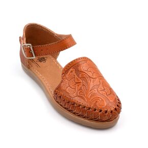 Mexican Genuine Leather Boho Shoes with Engravings and Ankle Strap for Women - Model 457 (9, NUT)