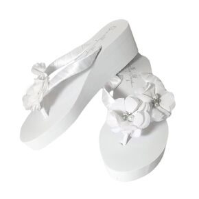 Customizable White Bridal Wedge Heel Flip Flops with Chiffon Pearl & Rhinestone Flowers, Choose Heel Height