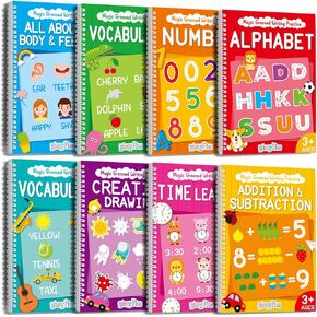 8 Pieces Magic Grooved Writing Practice Books Disappearing Ink Pens Reusable Groove Workbooks Tracing Handwriting Practice Without Tears for Kids Kindergarten Preschool Supplies,10.2 x 7.3inch