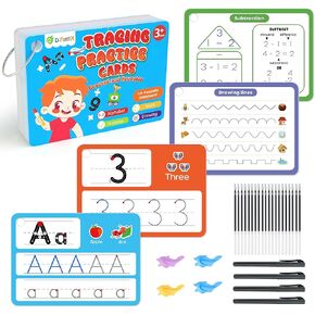 D-FantiX Magic Grooved Writing Practice for Kids Age 3-5, Reusable Grooved Handwriting Practice for Kids 5-7, Number Letter Tracing Practice Cards for Kids Kindergarten Preschool Learning Activities