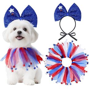 2 Pcs 4th of July Dog Outfit Cute Pet Bow Headband and Collar for Small Medium Dog Cat Independence Day Party Accessories