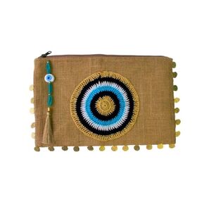 Evil Eye Jute/Burlap Clutch Bag Beach bag Zipper Gift with Crystals and Tassels*