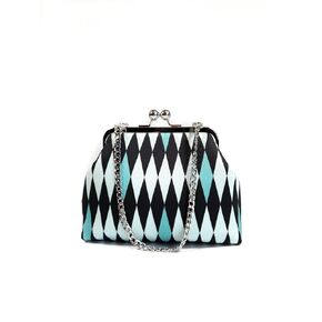 Mid Century Turquoise Harlequin Kisslock Clutch, Retro Evening Bag with Chain, Novelty Purse, Gift for Women