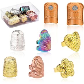SECBOO 8pcs Sewing Thimbles Kit - 2pcs Leather Guards,6pcs Adjustable Metal Thimbles for Hand Quilting & Sewing,Anti-Prick Sewing Thimble Rings,Sewing Accessories for Beginners and Professionals