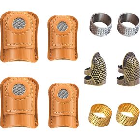 SECBOO 10pcs Sewing Thimbles Kit - 4pcs Leather Guards,6pcs Metal Thimbles for Hand Quilting & Sewing,Thimble Rings,Essential Sewing Accessories for Beginners and Professionals