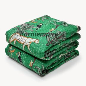 Indian Cotton Kantha Quilt Jungle Print Kantha Blanket Bed Cover Throw Bohemian Animal Print Green Kantha Twin,Queen,King (Queen [90"X108"])