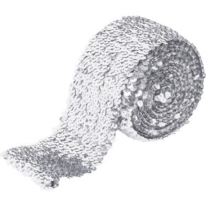 Elastic Sequin Trim, 3 Inch 8 Row Wide Flat Glitter Bling Fabric Paillette Sequin Ribbon, Metallic Stretch Sequin Strip Sewing DIY Embellishment, 5.5 Yards, Silver