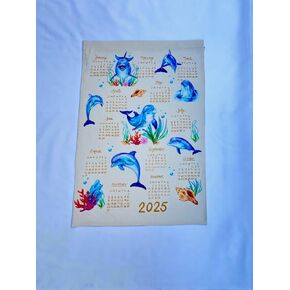 Ocean themed 2025 Calendar Towel, Dolphin calendar, Linen Calendar for Whale lover (Dolphin on cream)