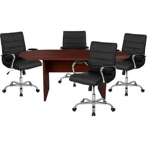 Flash Furniture 5 Piece Rustic Gray Oval Conference Table Set with 4 Black and Chrome LeatherSoft Executive Chairs