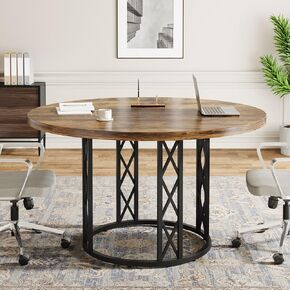 Tribesigns 47" Round Conference Table, Round Business Meeting Table with Metal Base, Small Seminar Table Reception Negotiation for Office Meeting Conference Room