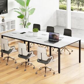 طاولة مؤتمر Tangkula 8 FT ، 95 "× 48" مكتب كمبيوتر مستطيل مع إطار معدني شاق ، 2 كبلات ، طاولة ندوة حديثة لغرفة الاجتماع ، قاعة الاجتماع (أبيض ، 1)