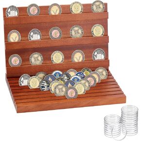Challenge Coin Display Holder with 20Pcs Coin Protectors,Solid Wood Military Coin Holder Stand Display and Plastic Coin Holders,Wooden Rack Holds Over 80 Coins
