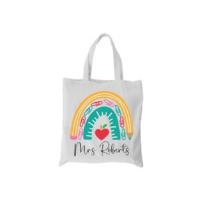 Personalized Teacher Tote Bag - Custom Name Rainbow Design with Heart and Pencil Icon, Ideal Gift for Educators, Reusable Canvas Bag for Classroom Essentials, Teacher Appreciation Gift